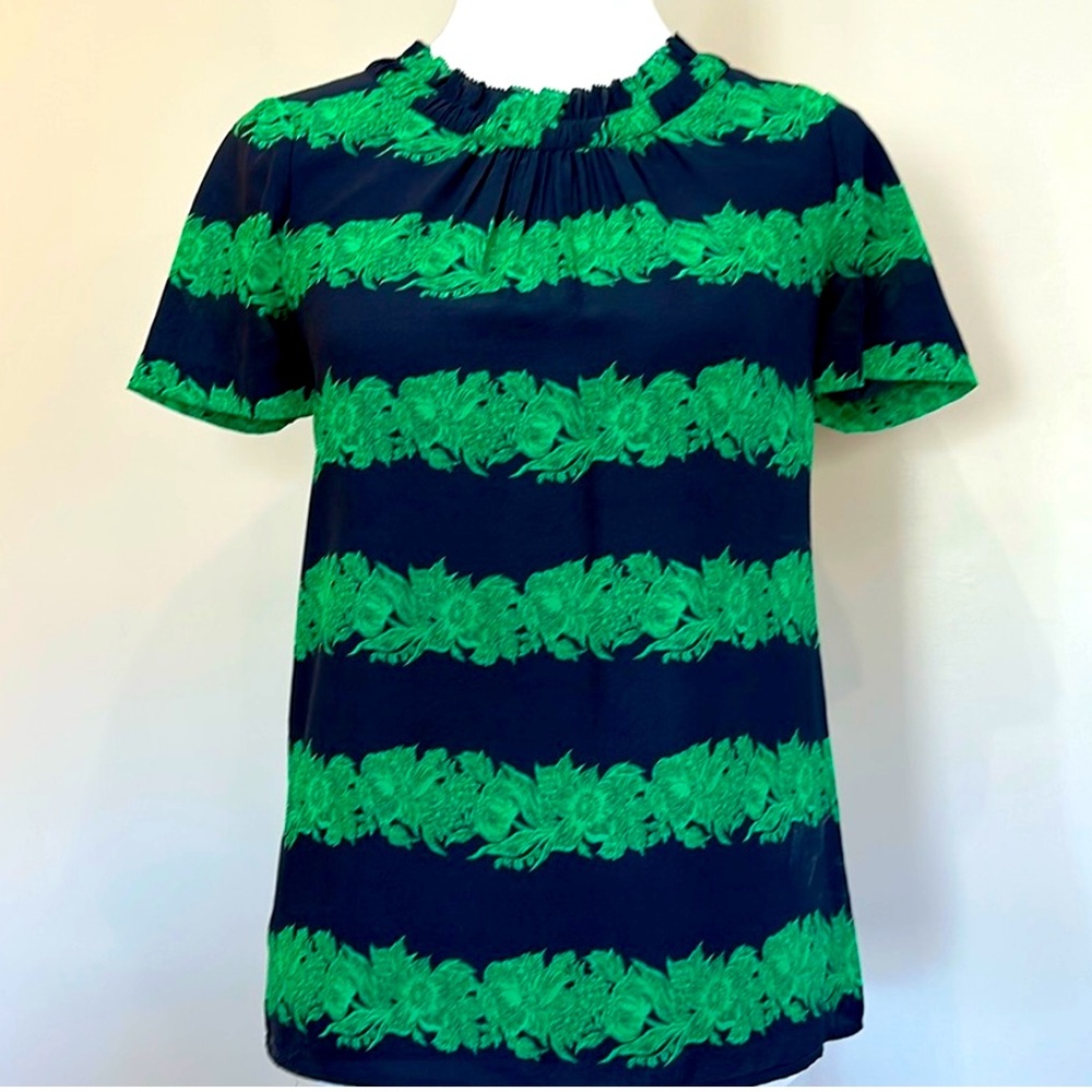 J. Crew Silk Ruffle Top in Beanstalk Stripe Sz: 00